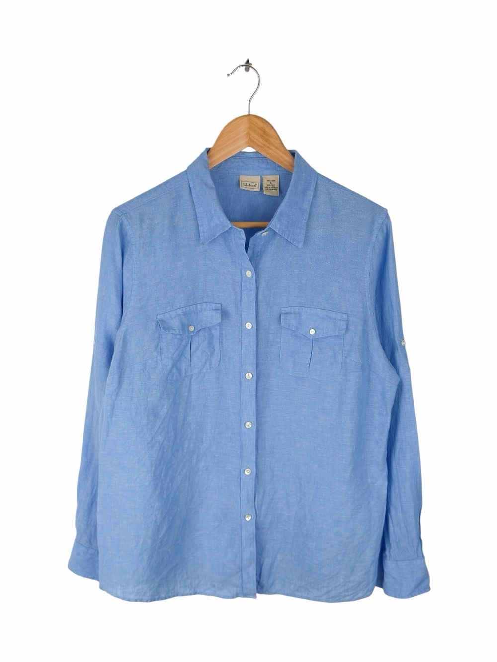 L.L.Bean Women’s Large Linen Shirt Chambray Blue Two Pocket Roll Tab Button Up
